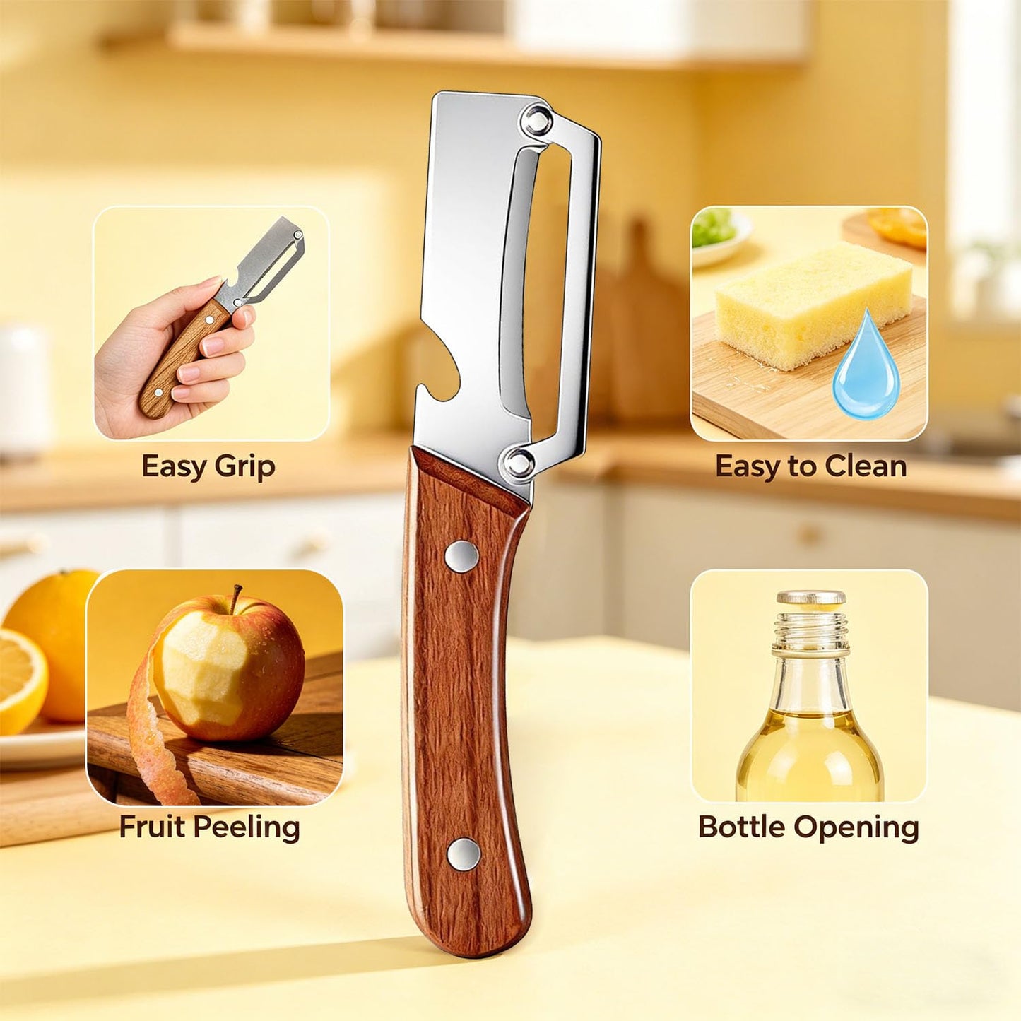 2Pcs Multi Functional Vegetable Peeler for Kitchen, with Bottle Opener and Wooden Handle, 2-in-1 Stainless Steel Kitchen Tool for Fruit Potato Pumpkin