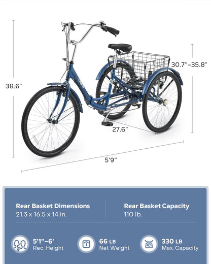 VIRIBUS Folding Tricycle for Adults, 7 Speed Foldable Adult Tricycle with Removable Wheeled Basket, Folding 3 Wheel Bikes for Adults Men Male Seniors 26 inch, Collapsible Trike 330 LB. Blue
