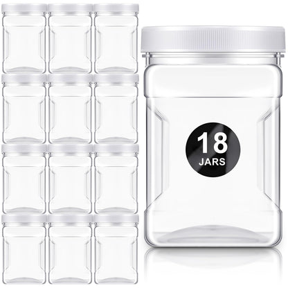 Gerrii 18 Pcs 27 Oz Plastic Storage Jars with Lids, Clear Wide Mouth Square Plastic mason Containers, Paint Storage Containers with Easy Grip Handles, Reusable Wide Mouth Canisters