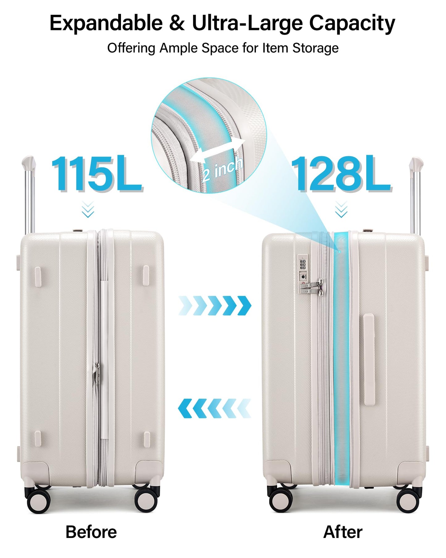 Hanke 29 Inch Plus Expandable Luggage Large Suitcases with Wheels,Checked Luggage Hard Shell Suitcases, PC Trunk Luggage Extra Large Suitcase with Lock for Women Men(Ivory White)