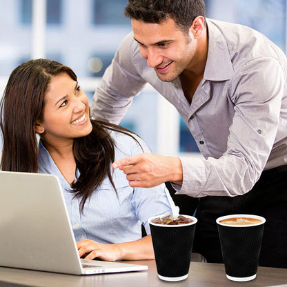 Lamosi Disposable Coffee Cups 12 oz 100 Pack, Paper Coffee Cups 12 oz for Hot Drinks or Cold Beverages, Insulated Corrugated Ripple Wall Cup for Office, Cafe, Home or Travel (Black)