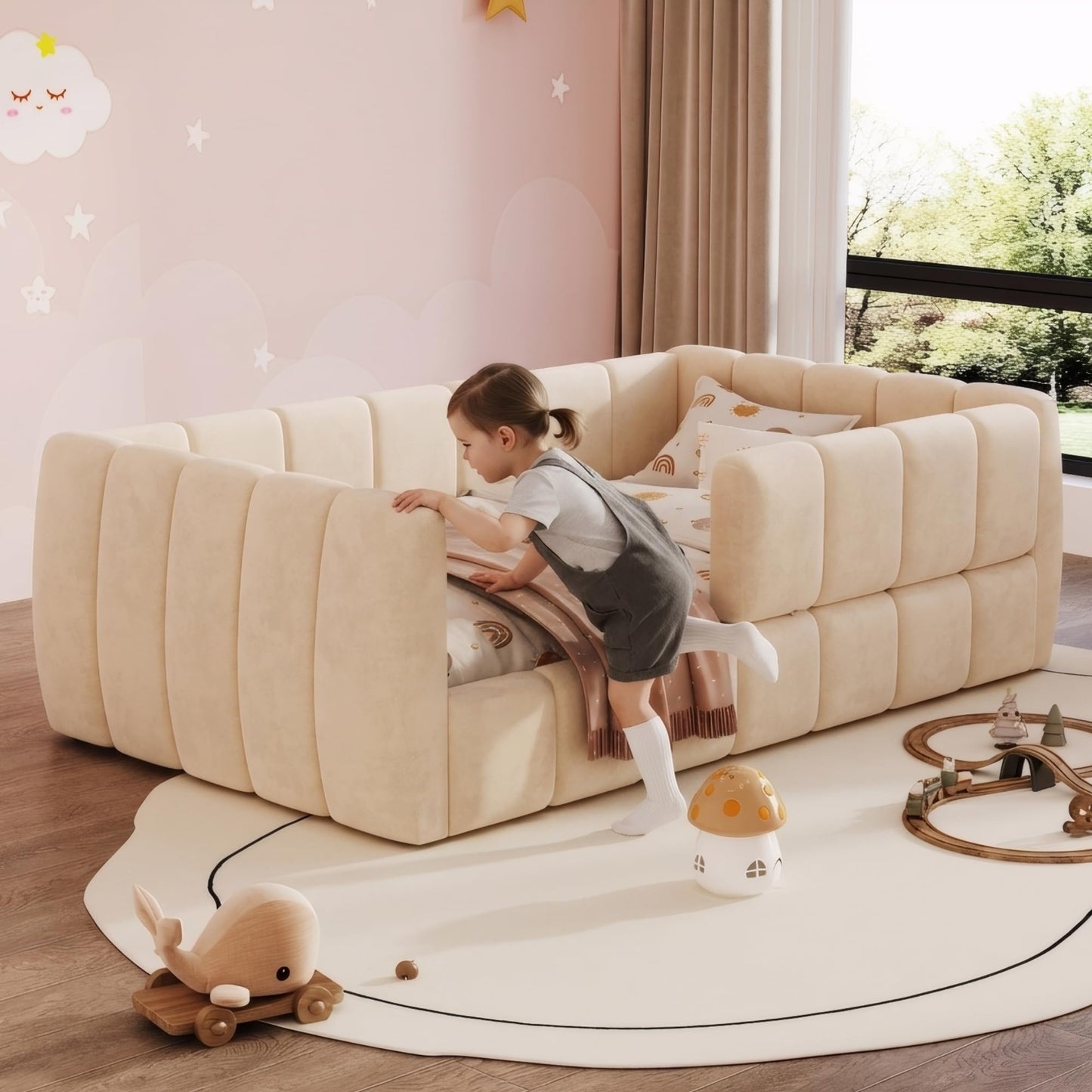 Merax Upholstered Floor Daybed with Removable Guardrails, Compatible with Standard US mattresses, Safety Bed with High Headboard & Footboard, Beige