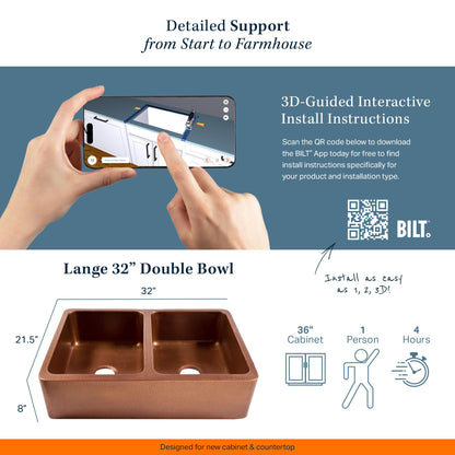 Sinkology Lange 32 Inch Farmhouse Sink - Handcrafted Solid Copper Apron Front Double Bowl Farm Sink for Kitchen, Antique Copper Finish, Fits 36 Inch Cabinet, Complete Kit, Sinkology Everyday Warranty