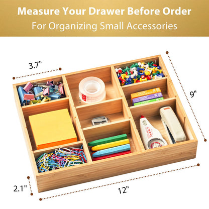 Umilife Bamboo Desk Drawer Organizer, Wood Junk Organizer Tray with Adjustable Dividers, Anti-Skip Storage Organization in Office Bathroom Drawer for Vanity, Makeup, 12" x 9"