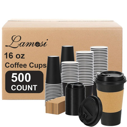 Lamosi 500 Pack 16 oz Disposable Coffee Cups with Lids and Sleeves, Black Leak-Proof To Go Coffee Cups with Lids, Hot/Cold Beverage Black Drinking Cup for Home, Office, Parties, Travel