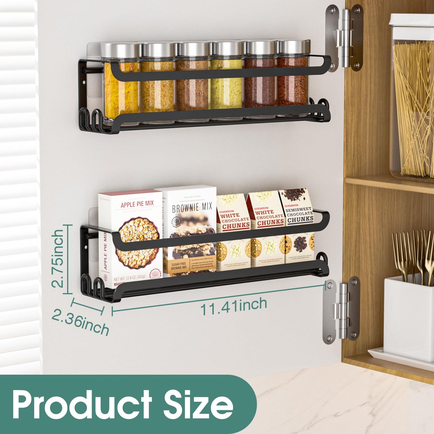 LUCYCAZ 2 Pack Wall Mounted Spice Rack with 8 Hooks, Spice Organizer Shelf for Stove Cabinet Pantry Door,Screw or Adhesive Spice Shelf Hanging Wall Spice Rack in Kitchen and RV (Black, 2 PACK)