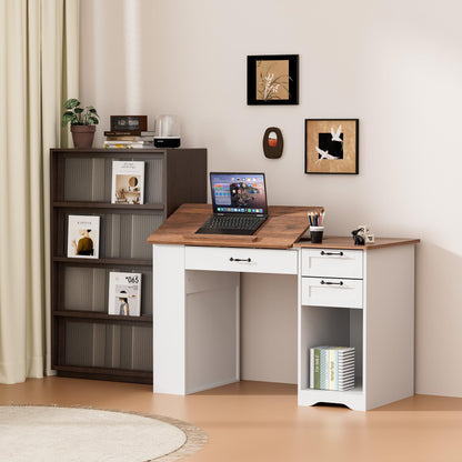 Smilets Crafting Table with Storage Cabinet & Drawers, Adjustable Drafting Table with Open Shelves, Drawing Computer Desk, Painting Desk, Workstation for Home Office Reading, Writing, Craftin