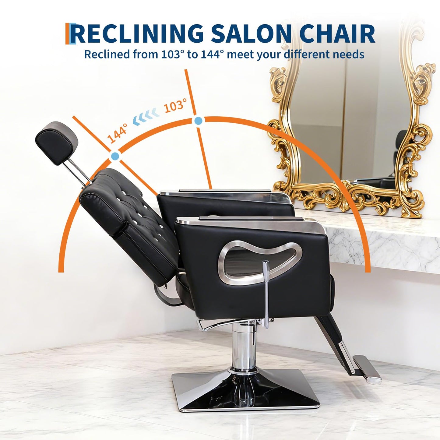 GarveeHome Barber Chair, PU Leather Reclining Salon Chair for Hair Stylist with High-Density Sponge Cushion, Hydraulic Pump Adjustable Height, 360° Swivel, Beauty Spa Equipment, Black and Chrome