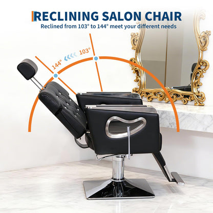 GarveeHome Barber Chair, PU Leather Reclining Salon Chair for Hair Stylist with High-Density Sponge Cushion, Hydraulic Pump Adjustable Height, 360° Swivel, Beauty Spa Equipment, Black and Chrome