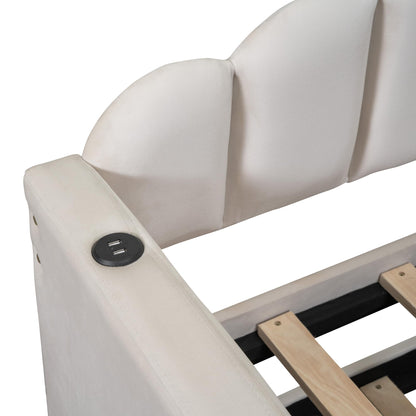 Ball & Cast Twin Daybed with Trundle and Channel Tufted Backrest,Velvet Upholstered Day Bed Frame with USB Charging Ports and 2 Side Pockets, Wood Slats Support,No Box Spring Needed,Beige