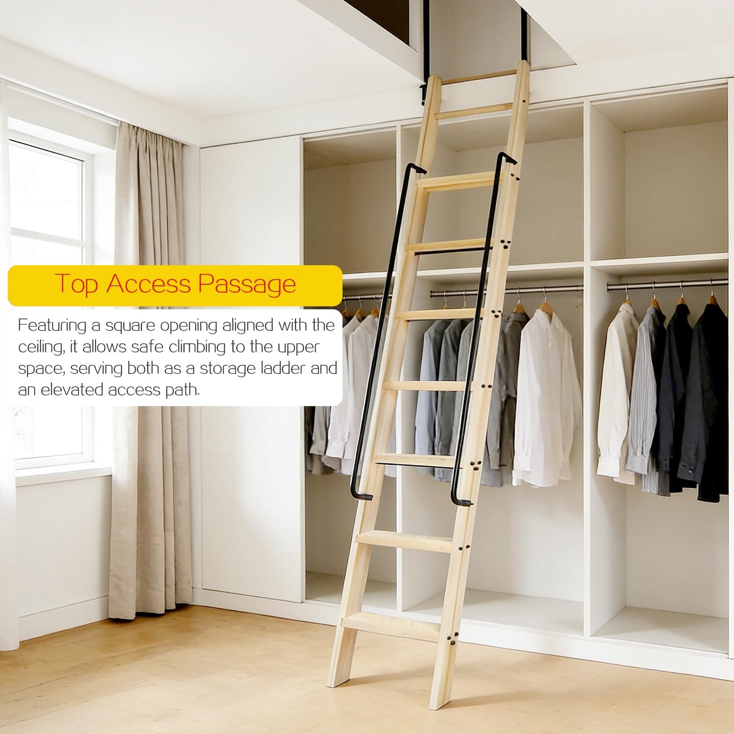 104RDHOUSE 108in Attic Rolling Library Ladder, 9 Step Wooden Ladder with,Ladder Bookshelf,Wall Stairs Red Oak Stair Platform Bunkbed Ladder,for Home Kitchen,Warehouses,Bookstore,DIY Stain