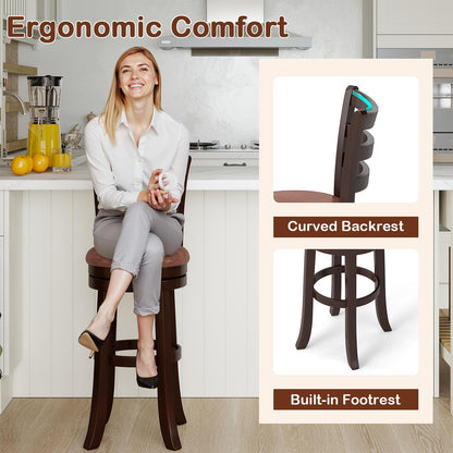 Giantex Swivel Bar Stools Set of 4, 30" Upholstered Counter Height Bar Chairs w/High Backrest, Faux Leather Seat, Solid Rubber Frame & Wrap-Around Footrest, Wooden Barstools for Kitchen Island, Pub