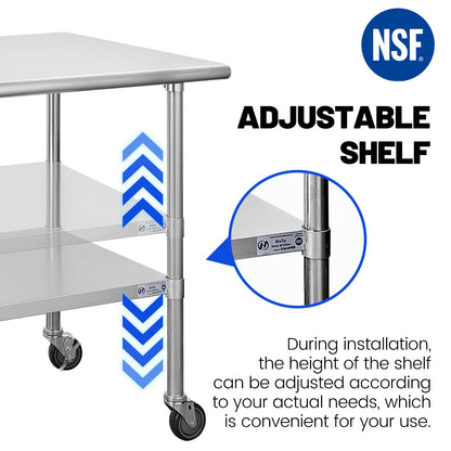 Hally Stainless Steel Table for Prep & Work 30 x 48 Inches with Caster Wheels, NSF Commercial Heavy Duty Table with Undershelf and Galvanized Legs for Restaurant, Home and Hotel