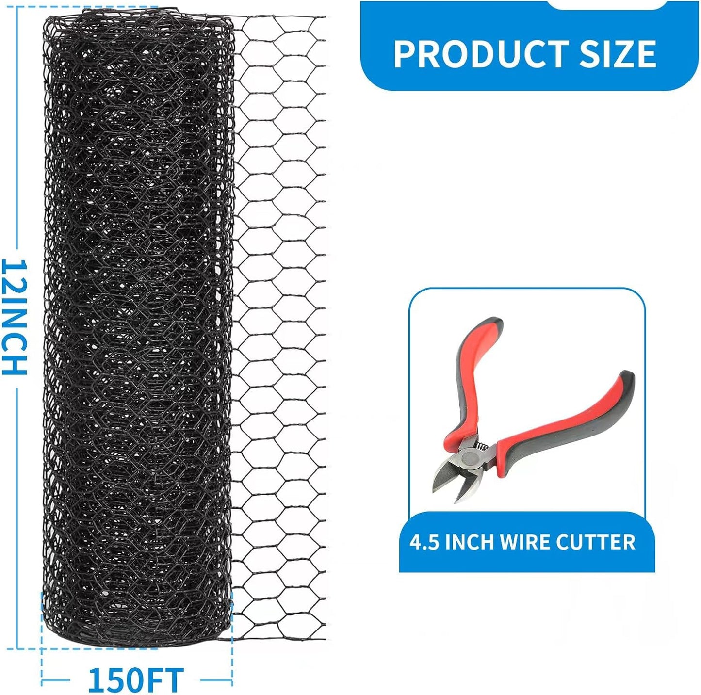 DOLEMODUO 12'' 150' 19 1 inch x Black Chicken Wire Mesh Fence, Gauge Galvanized Poultry Netting and Garden Mesh Fence