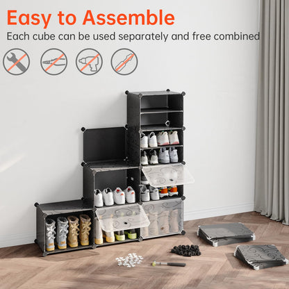 MAGINELS 72-Pairs Shoe Storage Organizer Cabinet,Portable Shoe Rack Organizer with Door,Large DIY Plastic Detachable Shoes Shelves for Entryway,Bedroom,Black
