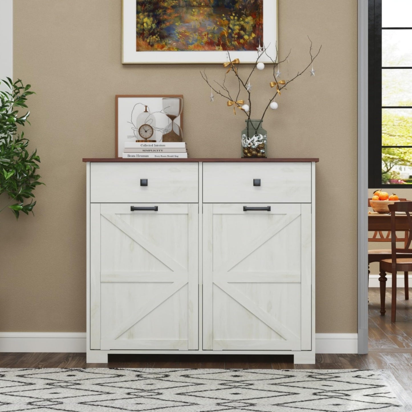 WEALTHGIRL Farmhouse Double Tilt-Out Trash Cabinet for 20-Gallon Trash Cans,Recycling Cabinet with Hidden Drawer, Barn Door Style Laundry Sorter Cabinet,for Kitchen, Bathroom, and Living Room