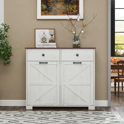 WEALTHGIRL Farmhouse Double Tilt-Out Trash Cabinet for 20-Gallon Trash Cans,Recycling Cabinet with Hidden Drawer, Barn Door Style Laundry Sorter Cabinet,for Kitchen, Bathroom, and Living Room
