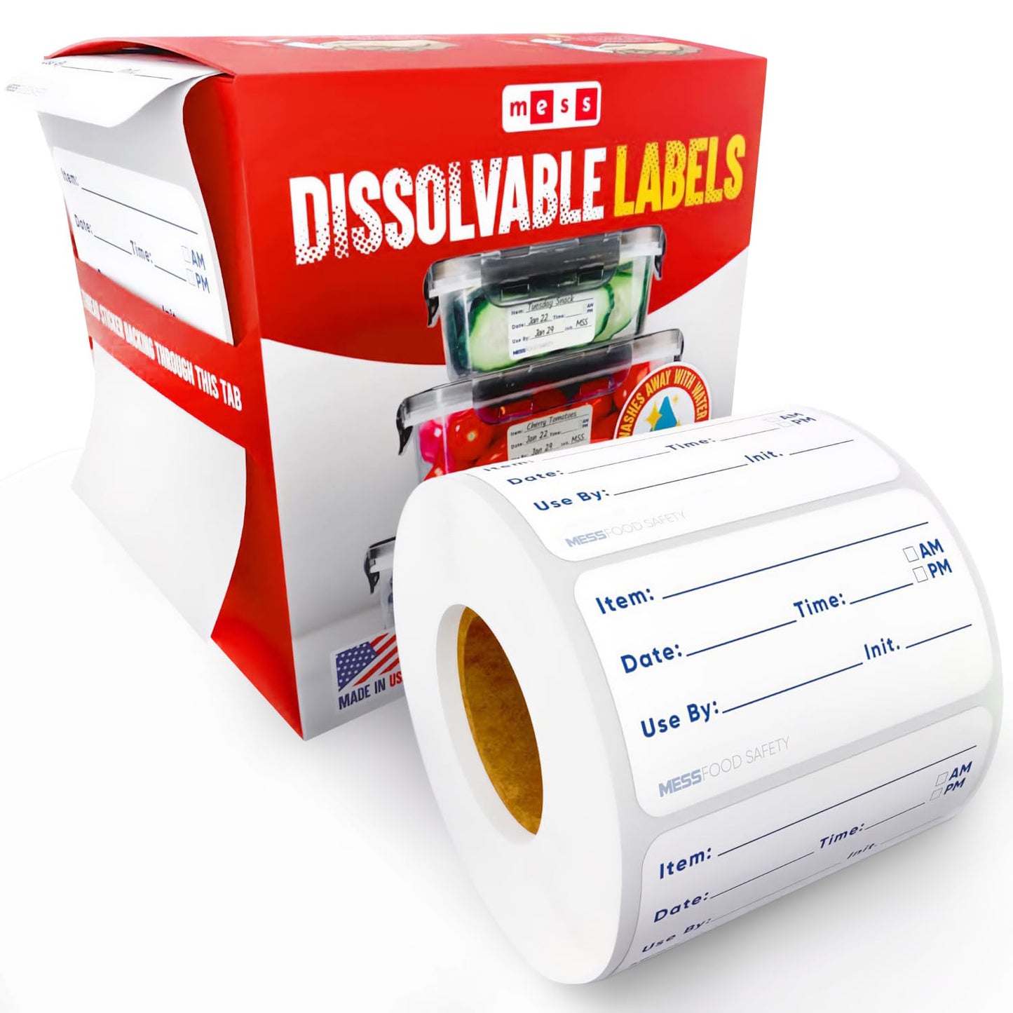 MESS Dissolvable Food Labels, 1x2, 200/Roll - Dissolves in 30 Seconds or Less - Removable Pantry, Meal Prep & Food Storage Labels – Canning & Freezer Use