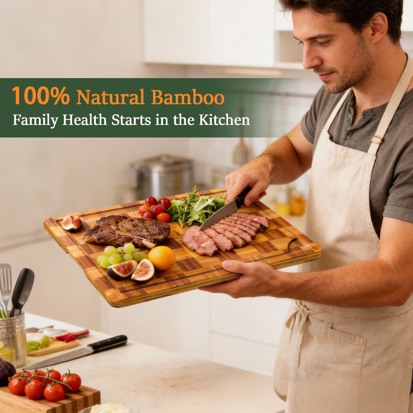 Bamboo Cutting Board Set of 3 for kitchen Checkered End Grain Chopping Boards with Storage Stand & Deeper Juice Grooves | Reversible Butcher Block for Meat, Cheese, Charcuterie & Kitchen Prep