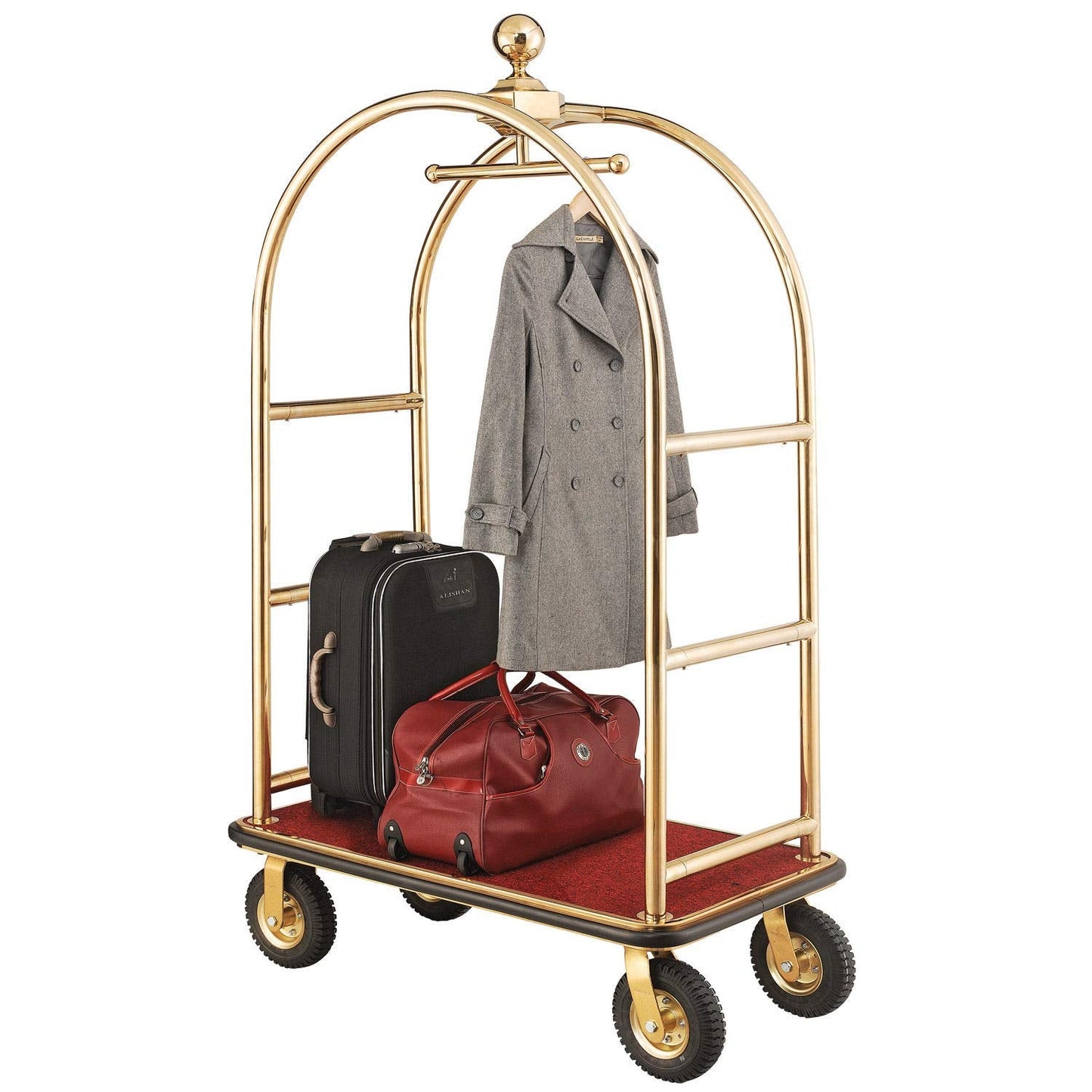 Global Industrial Gold Stainless Steel Bellman Cart Curved Uprights 8" Pneumatic Casters, 41-1/4"L x 24" W x 75" H, Hotel Luggage Cart for Commercial Use, Condos, Resorts