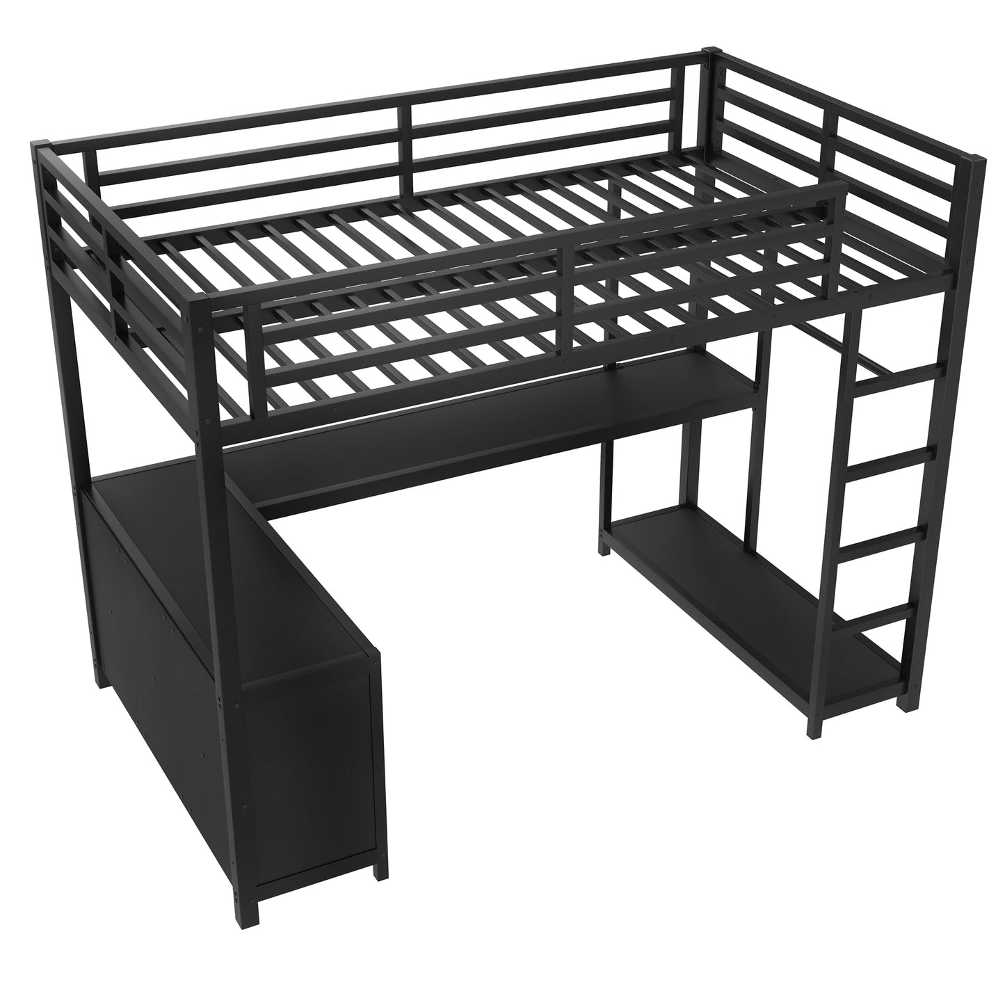 KEIKI Twin XL Metal Loft Bed with L-Shaped Desk and Wardrobe, Heavy Duty Loft Bed Frame with Storage Shelves & Cubes, Space Saving Loft Bed for Kids Teens Adults, Noise Free, Easy Assembly, Black
