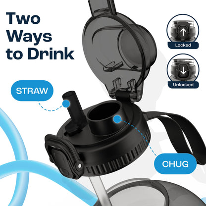 AQUAFIT Half Gallon Water Bottle with Time Marker - Straw & Chug Lid - BPA Free Gym Water Bottle with Straw - Big Gallon Jug (Gray, 64 oz - 2in1 Lid)