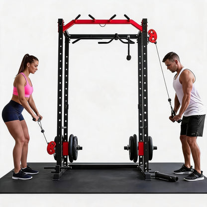 Power Cage with Dual Independent LAT Pulldown & Cable Crossover System – 2000LBS All-in-1 Home Gym, 2-User Multi-Functional Power Rack with Adjustable Dual Pulleys, Squat Rack for Garage & Home