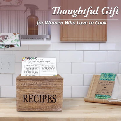 Recipe Box with 50 Recipe Cards 4x6, Rustic Wood Organizer Set for Housewarming and Weddings