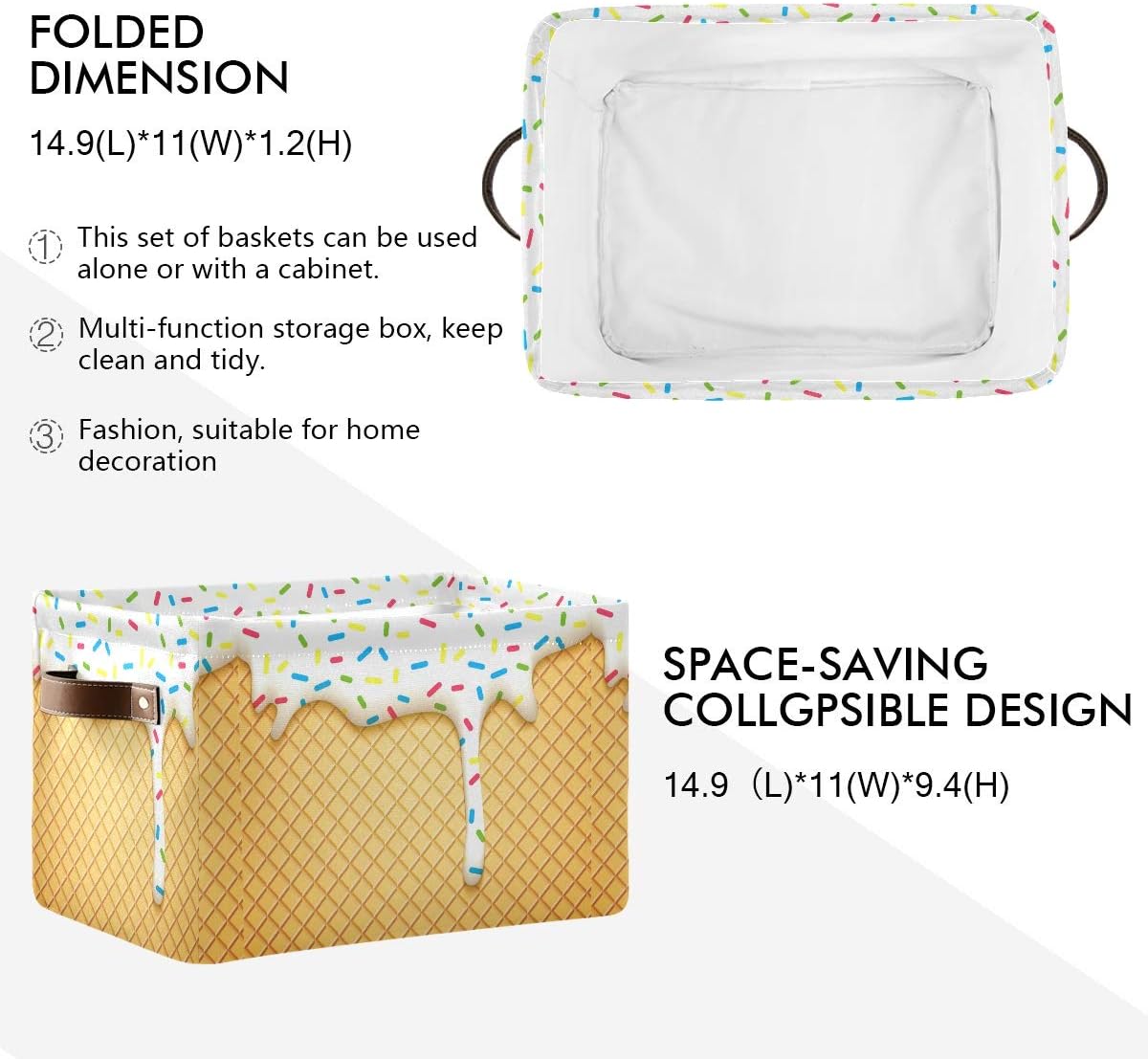 15x11x9.5inch, 2 Pack Ice Cream Cone Storage Bin - Large Canvas Bin