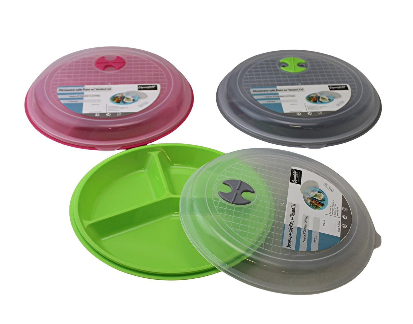 4-Pack Divided Microwave Plates with Vented Lids – BPA-Free, Stackable Meal Prep Plates – 3 Section Food Storage – Microwave, Freezer & Dishwasher Safe – 8.75” x 8.75”