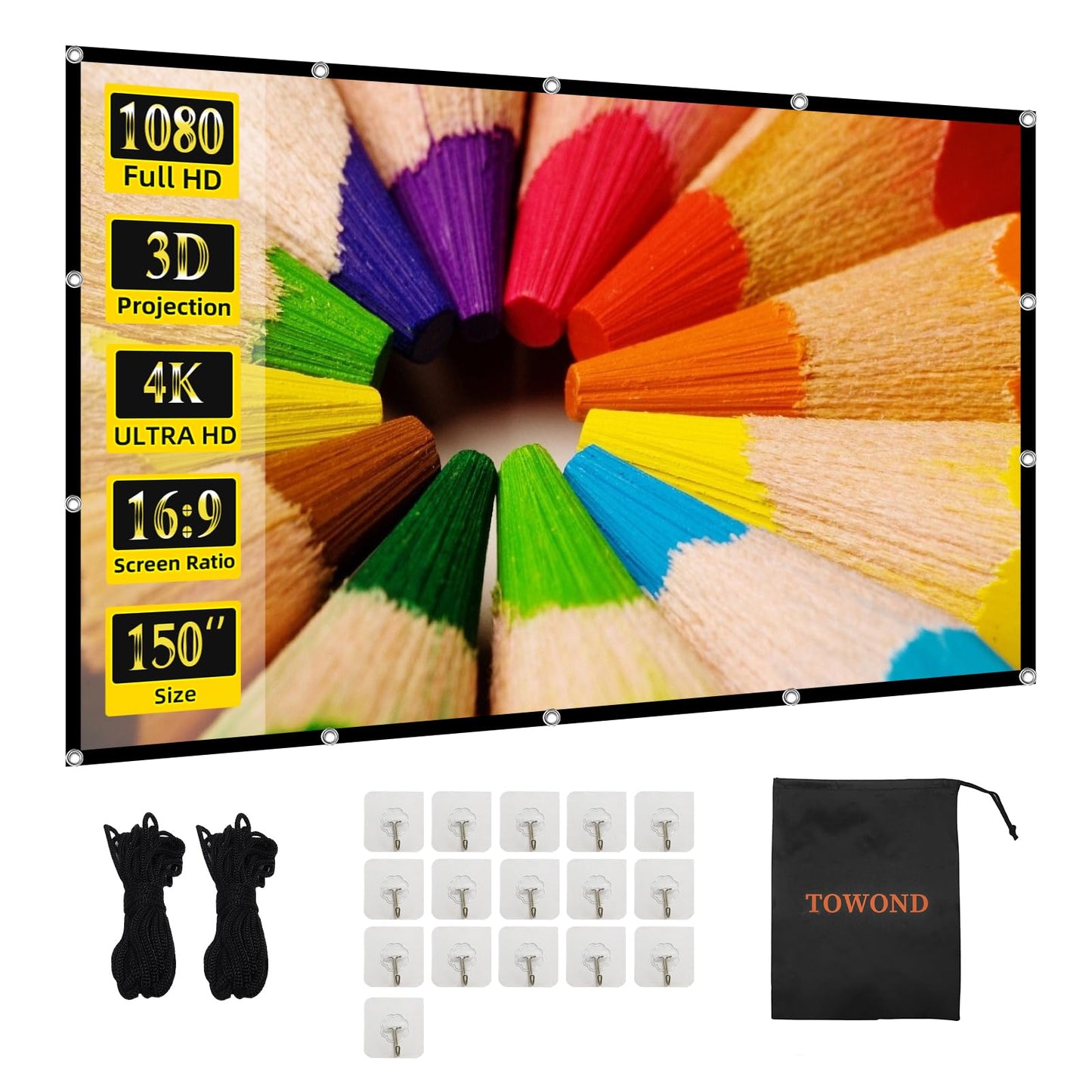 Projector Screen TOWOND 150 inch Projection Screen Indoor Outdoor Washable Anti-Crease 16:9 HD Rear Front Movies Screen for Home Theater Office