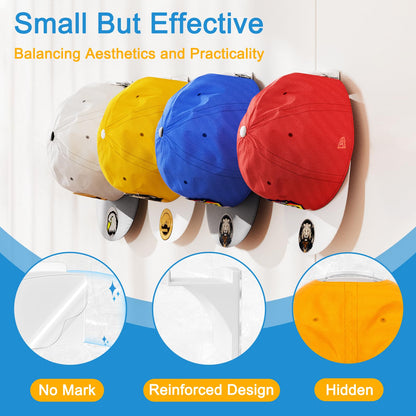 Yeeriroon 24 Pack Adhesive Hat Rack for Wall, Hat Organizer for Baseball Caps, Strong Multi-Purpose Hat Hooks, Hat Holder Hanger on Wall, Door, Closet, No Drilling (White)