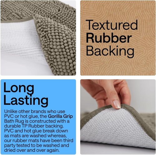 Gorilla Grip Shaggy Chenille Bath Rug Mat - Plush Absorbent Toilet Contour Mat | Machine Washable, 22" x 19" x 15", Latte