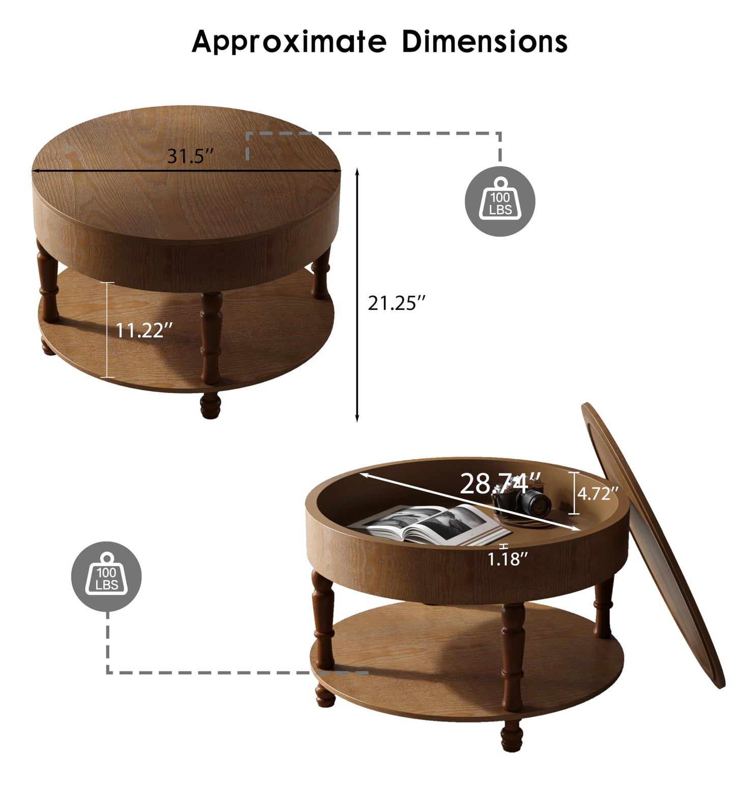 Hayzz Round Coffee Table with Storage 31.5 Inch, Modern Lift Top Accent Coffee Table with Hidden Compartment & Lower Shelf, Adjustable Leveling Feet, Easy Assembly for Living Room, Walnut Brown