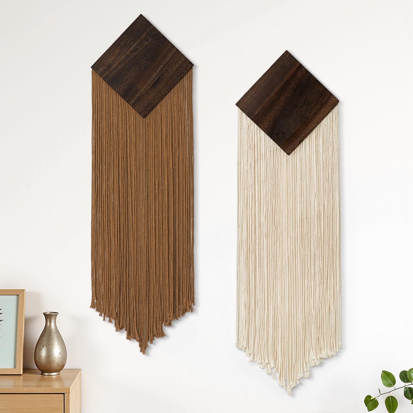 KHOYIME Macrame Wall Hanging Boho Chic Home Decor, 2PCS Bohemian Brown Beige Vertical Tassel Yarn Tapestry Modern Farmhouse Wall Art Decorations for Living Room Bedroom Nursery Office 11''W x 36''L