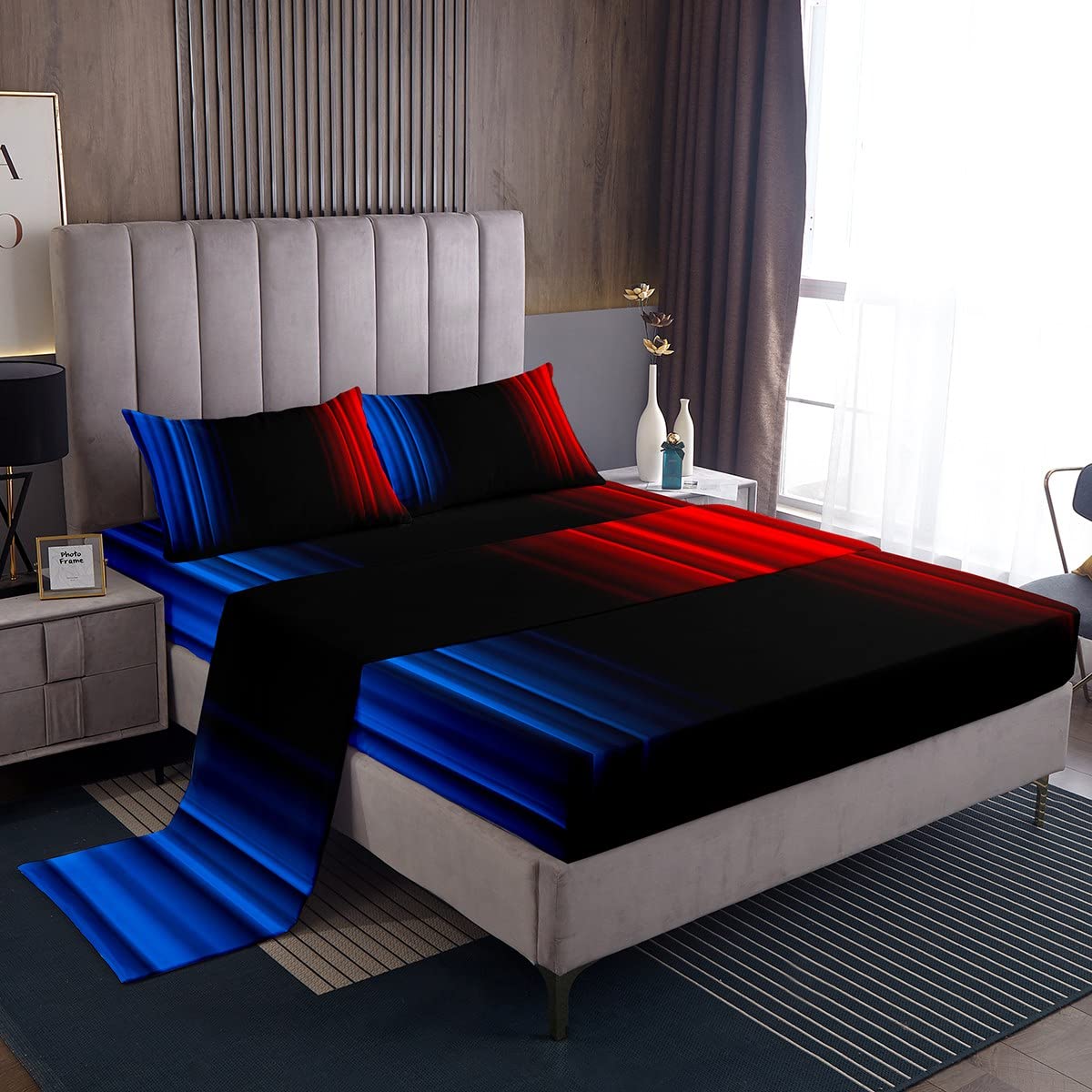 Feelyou Geometric Abstract Ombre Women Bed Sheets Kids Teens Blue Red and Black Striped Sheet Set Decor Modern Fashion Bed Set Bedroom Collection 4Pcs Queen Size