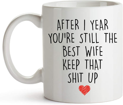 YouNique Designs 1 Year Anniversary Coffee Mug for Her, 11 Ounces, 1st Wedding Anniversary Cup for Wife, White
