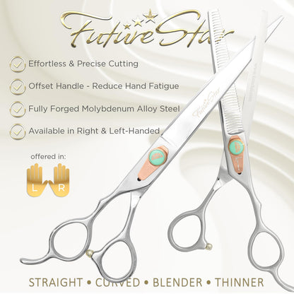 Kenchii Future Star Dog Grooming Scissors Lefty Set Premium Kit for Novice & Pro Groomers Straight Curved Thinner & Blender Shears with Micro Serrated Blades Includes Case and Inserts.
