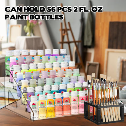YEXEXINM 2 Pcs Clear Paint Organizer With Paint Brush Holder,7 Layers Acrylic Paint Organizer,Paint Storage Rack,Craft Paint Organizer Rack,Miniature Paint Holder for Paint Storage