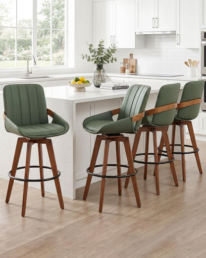 AQG Green Bar Stools 30 Inch Set of 2 Leather Bar Height Stools with Backs, Mid Century Modern Swivel Bar Chairs, Upholstered Barstools Wood Frame for Kitchen Island