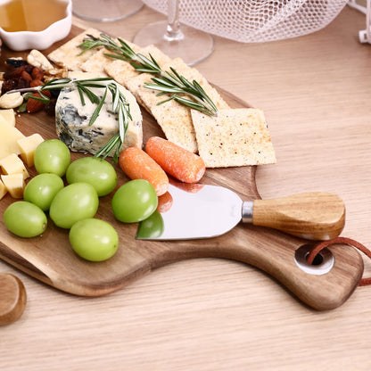 hecef Upgrade Bigger Cheese Board set of 4, a Acacia Wood Cheese Plate and 4 Pcs Knives, Charcuterie Platter Serving Tray for Appetizers, Feast, Housewarming, Cheese Serving