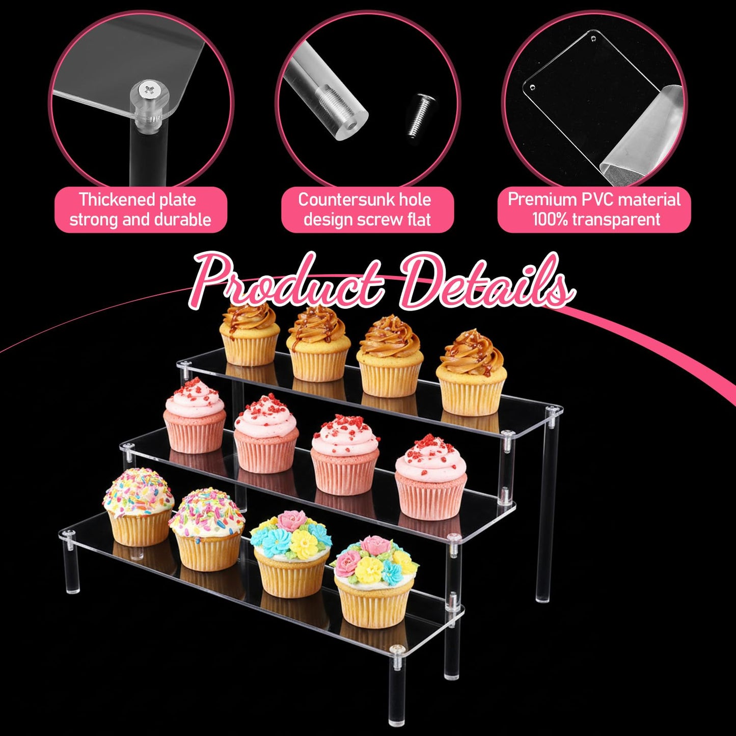 3 PACKS Acrylic Riser Clear Display Stand Perfume Stand Organizer Clear Shelf 3 Tier Cupcake Display Stands Clears Acrylic Shelf Risers for Collectibles, Dessert Shelves for Decoration and Organizer