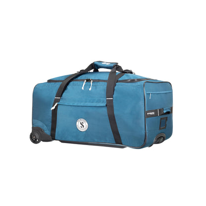 SCUBAPRO Sport 105 Wheeled Dive Bag with Telescopic Double-Bar Tow Handle, Carry Handles and Double Duffel Straps for Scuba Diving Gear, Denim Blue Color Fabric