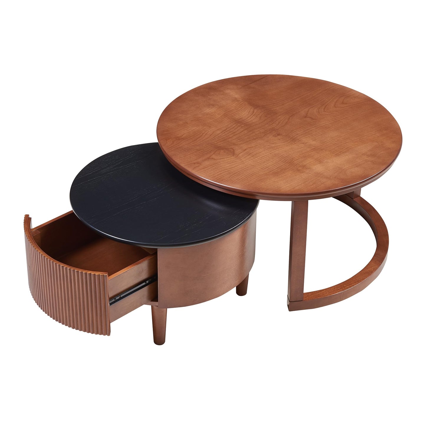 Merax 31.5'' Vintage Round Nesting Wood Coffee Table Set, 2-Tier with Drawer & Storage, Two-Tone Finish Fluted Design for Living Room Apartment, Walnut+Black