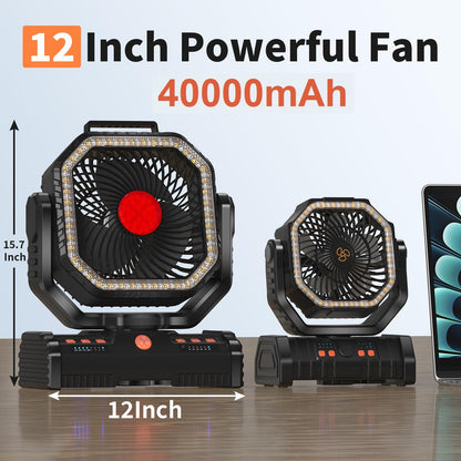 EEIFO 12 Inch Camping Fan,40000mAh Portable Fan with LED Lantern Light,Cool white & Warm White Dimmable Fans, Oscillating Fan with 360° Rotation Hanging Hook for Tents, Cordless USB Desk Fan(Black)