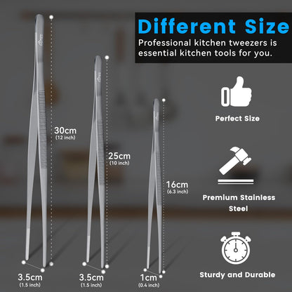 HOTEC Kitchen Tweezers Tongs Stainless Steel Professional Chef Tweezers, Set of 3-6.3", 10" and 12inch Food Tongs for Cooking, Repairing, Dessert, BBQ, Meat, Pasta, Silver