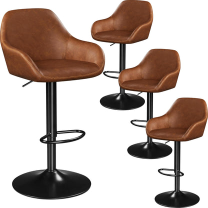 Yaheetech Bar Stools Set of 4, PU Leather Swivel Counter Height Barstools, Adjustable Bar Chairs with Backrest and Footrest, Kitchen Island Stool for Home Kitchen, Retro Brown
