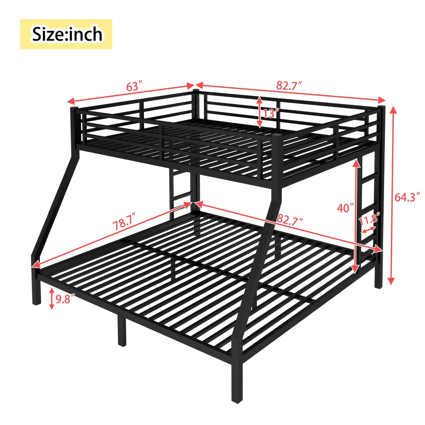 Bellemave Metal Queen Over King Bunk Bed for Adults/Kids,Heavy Duty Adults Bunk Beds with Guardrail & Ladders,Queen Over King Size Bunk Beds for Teens,Black