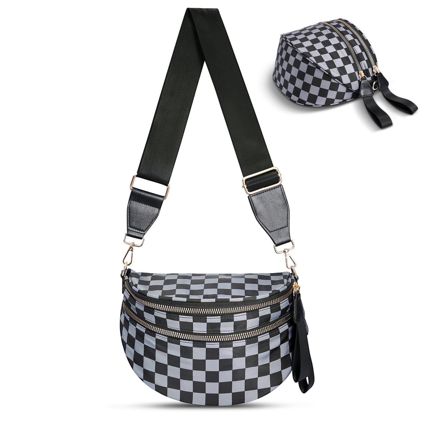 Checkered Crossbody Bag,Nylon Bum Bags for Women Crossbody,Spacious Sling Bag Purse Fanny Packs with Shoulder Strap