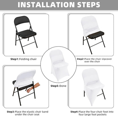 6 Packs White Spandex Stretch Folding Chair Covers for Wedding Party,Universal Fitted Washable Dining Seat Slipcovers